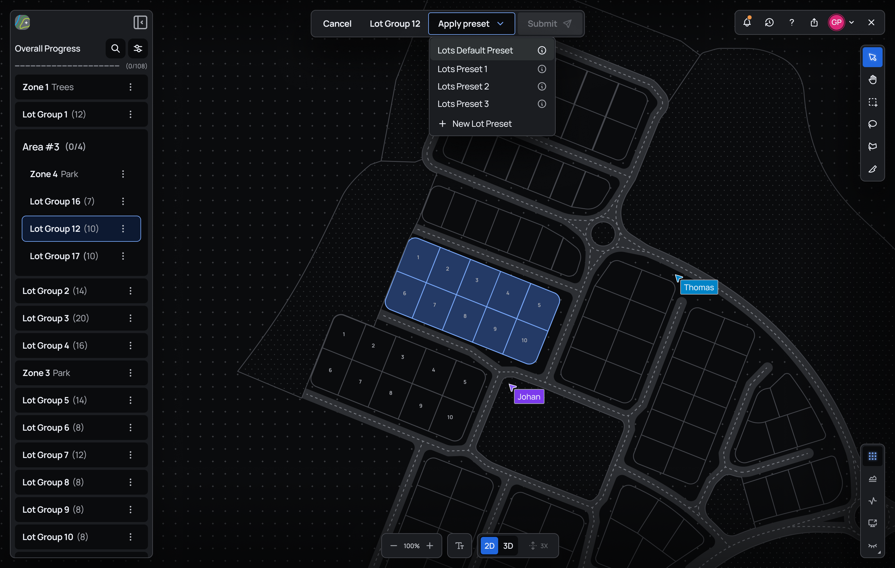 DRTWRK — Lot Group 12 selected with the Apply preset menu open and collaborative cursors on the grading map