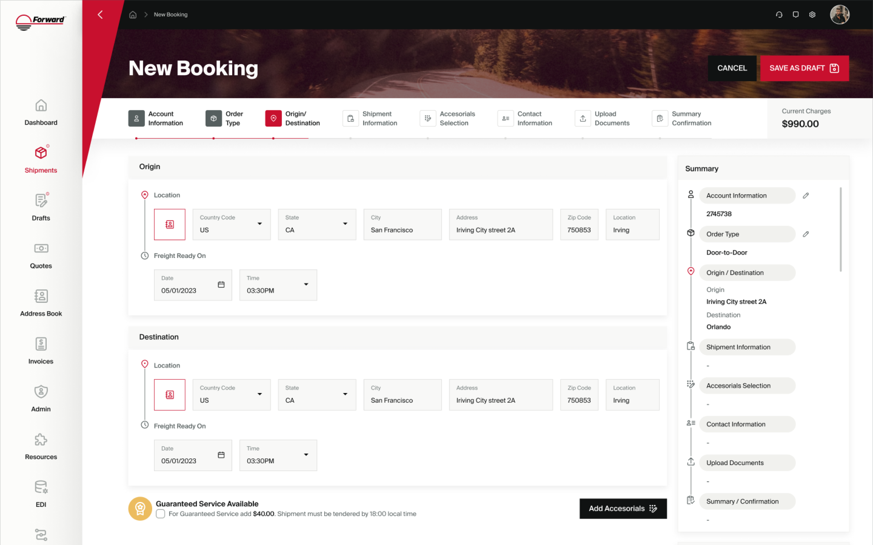 New Booking — Origin/Destination