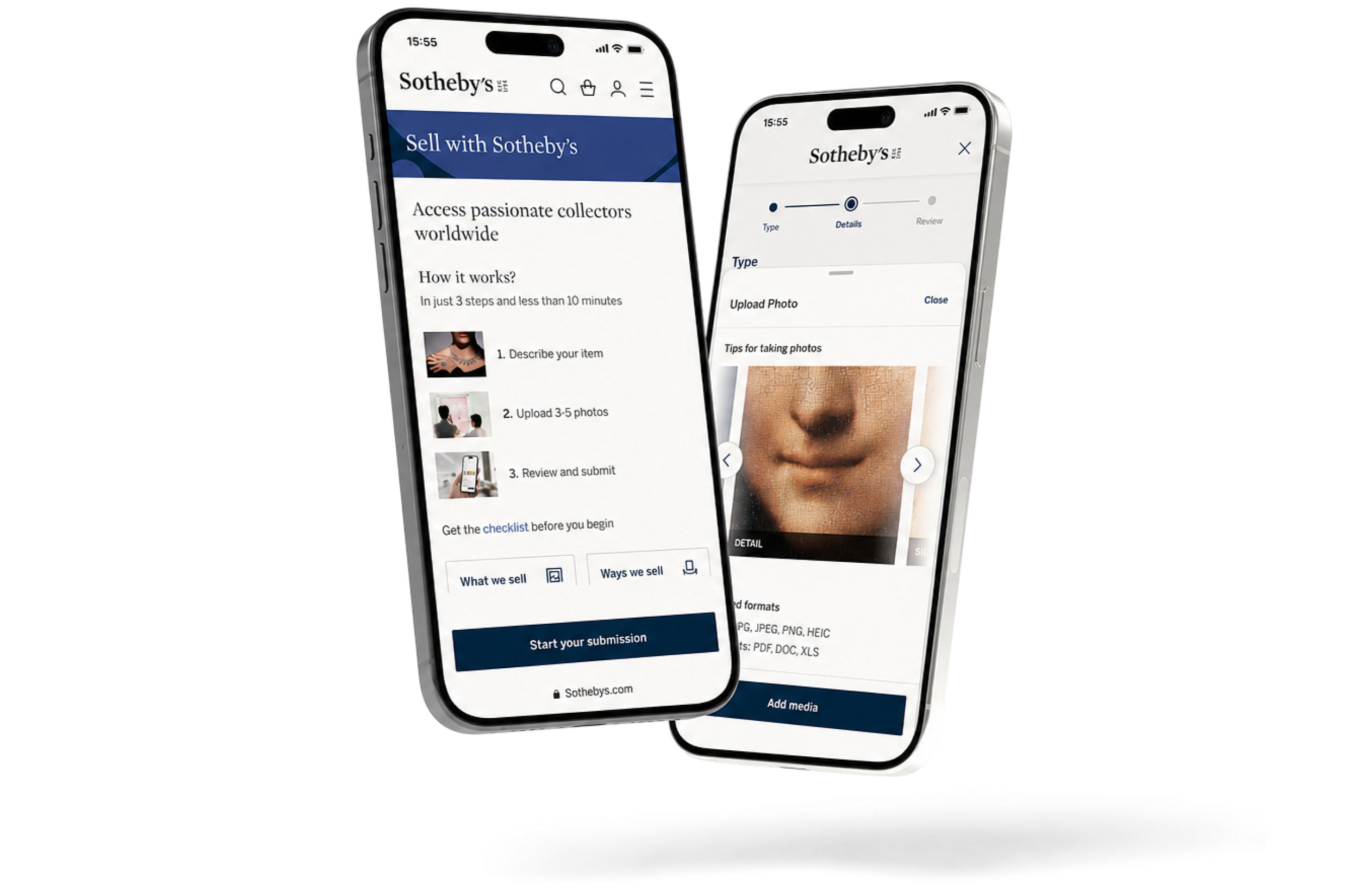 Sotheby's seller portal — two phone mockups showing the submission flow
